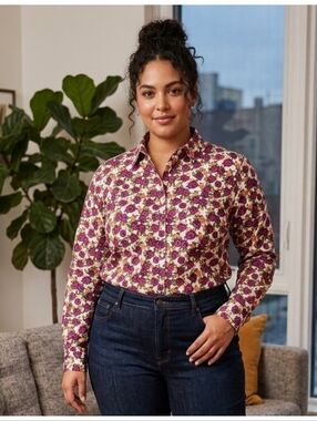 Lands' End No Iron Supima Floral Button Down Top Cream Multicolor  Size 18